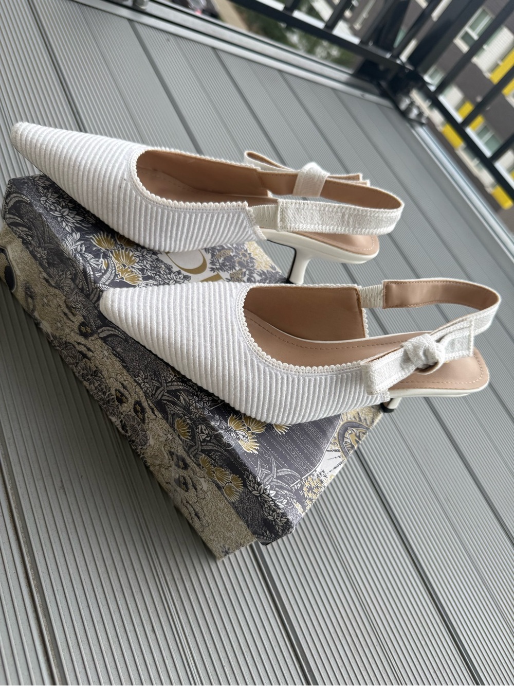 Dior White Textured Slingback Kitten Heels